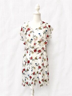 Floral Ruffle Midi Dress in White with Red & Blue Blooms